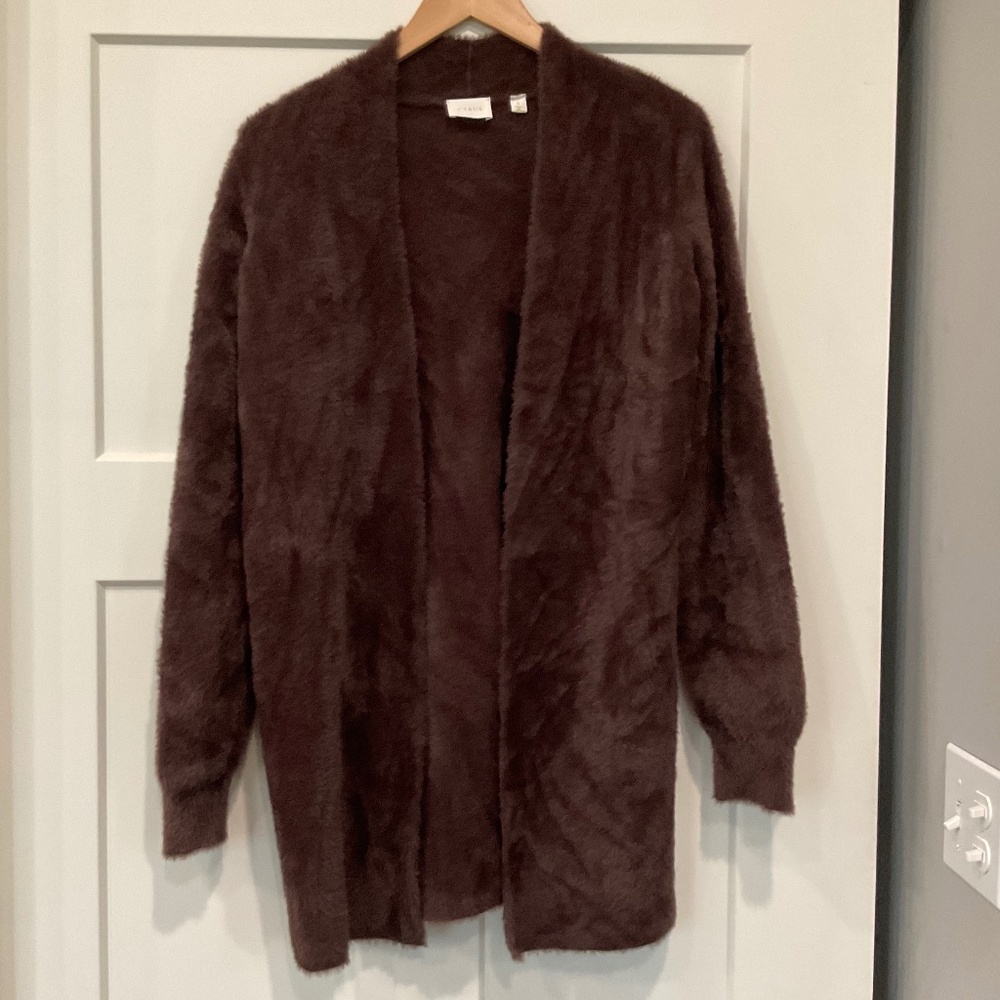 Cyrus Open Front Cozy Dark Brown Faux Fur Cardigan Sweater Duster Sz Small